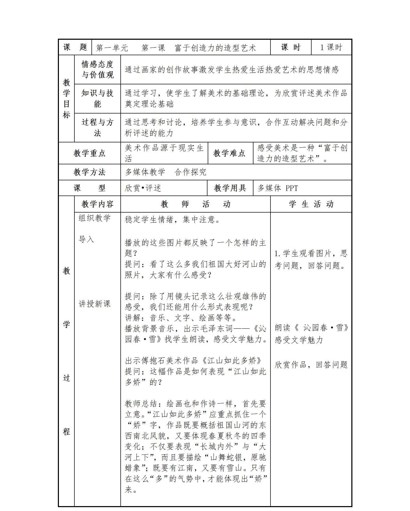 人教版初中美術(shù)七年級(jí)上冊(cè)全冊(cè)教案【合集】  第2張
