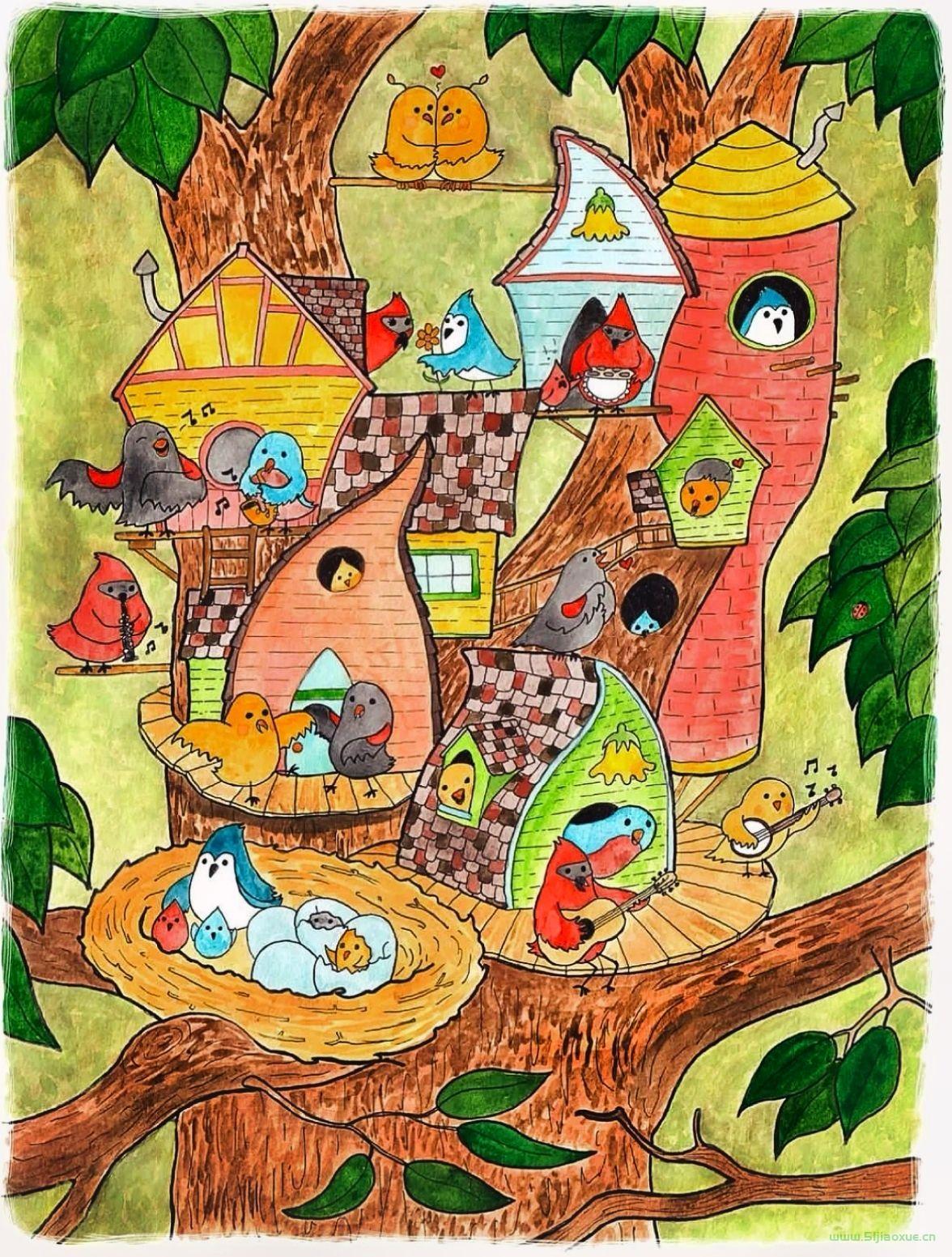 樹屋樹洞森林里的小動物創(chuàng)意主題兒童畫  第3張