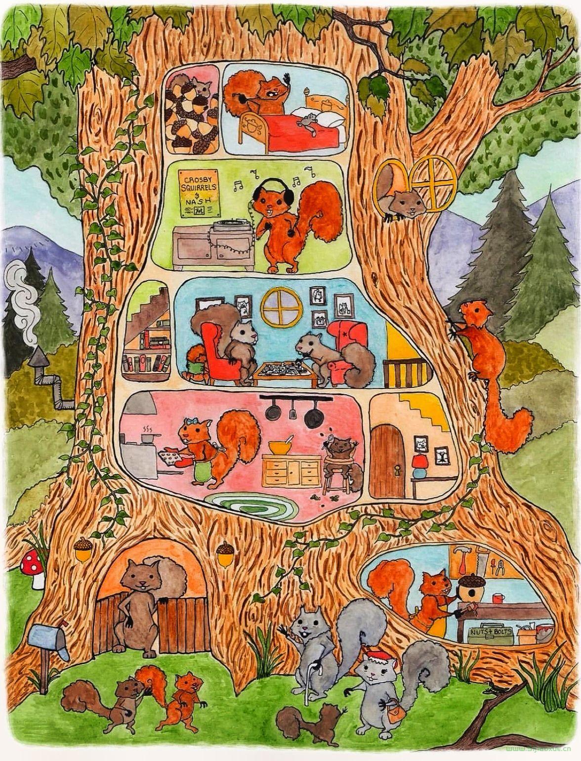 樹屋樹洞森林里的小動物創(chuàng)意主題兒童畫  第7張